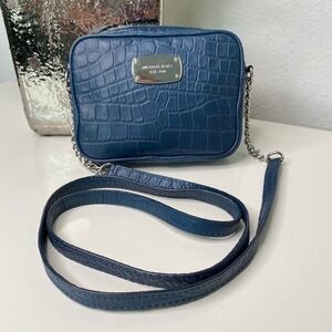 Michael Kors Croc Embossed Leather Small Camera Crossbody Bag Blue‎ Silver Tone
